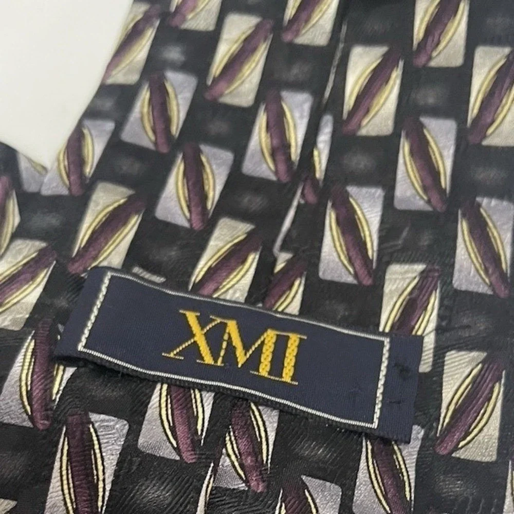 XMI Mens Silk Tie Geometric Black Purple Silver‎ Handmade USA Wide Necktie 59x4
